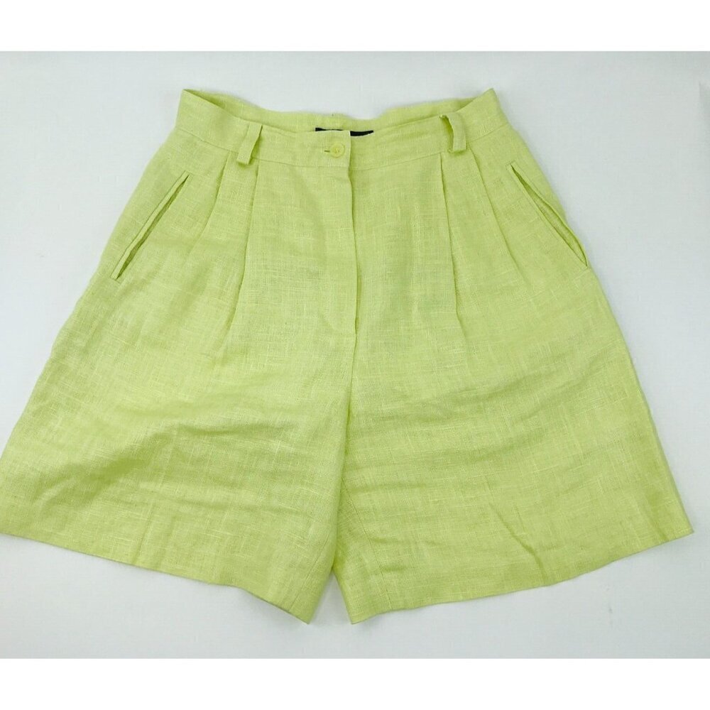Andrea Jovine Women 100% Linen Shorts 8 High Rise Lime Green Yellow Neon 80s